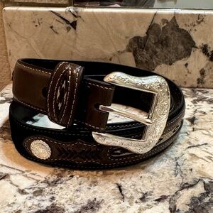 Nacona Brown Leather Belt with Ornate Silver Buckle